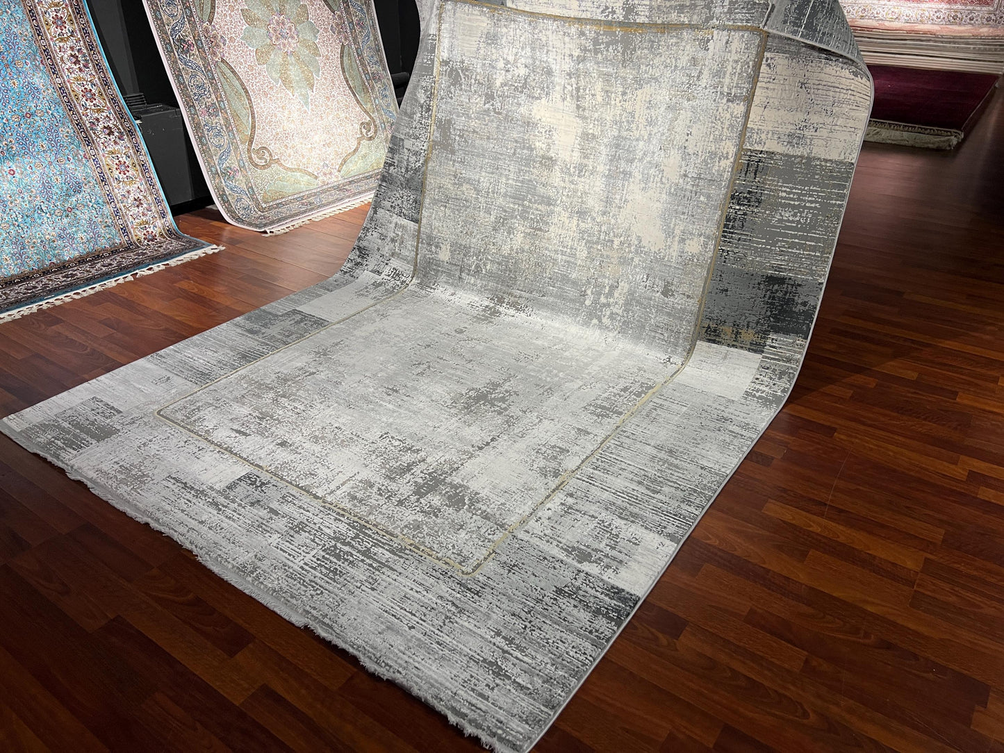 7x10 Modern Gray Rug, Minimalist Bamboo Acrylic Carpet, Abstract Textured Area Rug, Contemporary Living Room Rug