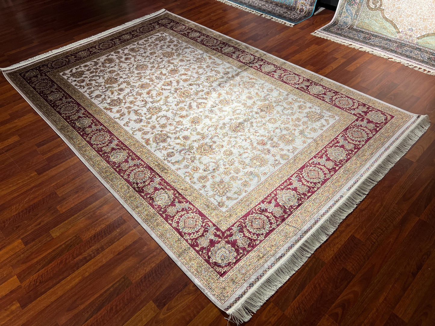 7x10 Beige Red Silk Rug, Elegant Floral Area Rug, Luxury Modal Silk Carpet, Classic Living Room Rug