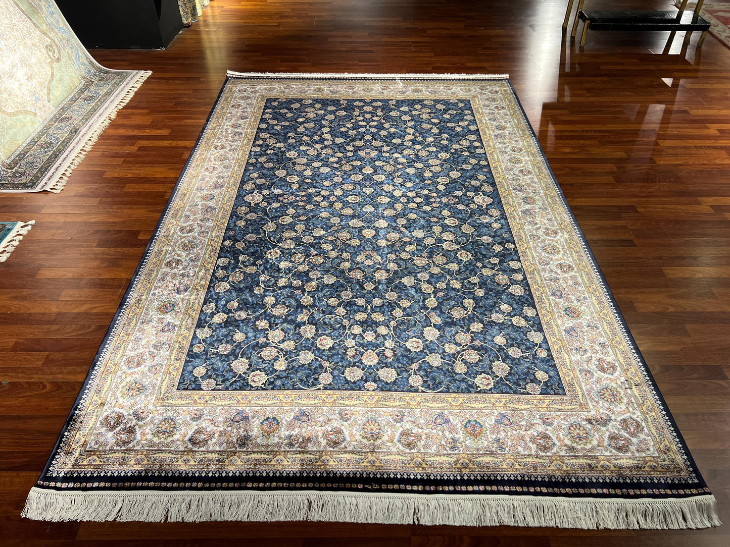 7x10 Blue Gold Silk Rug, Elegant Floral Area Rug, Luxury Bamboo Silk Carpet, Classic Living Room Rug