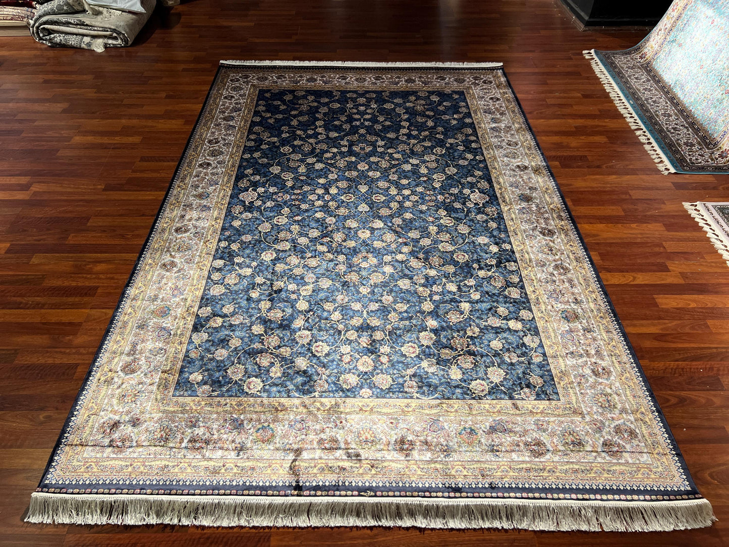 7x10 Blue Gold Silk Rug, Elegant Floral Area Rug, Luxury Bamboo Silk Carpet, Classic Living Room Rug