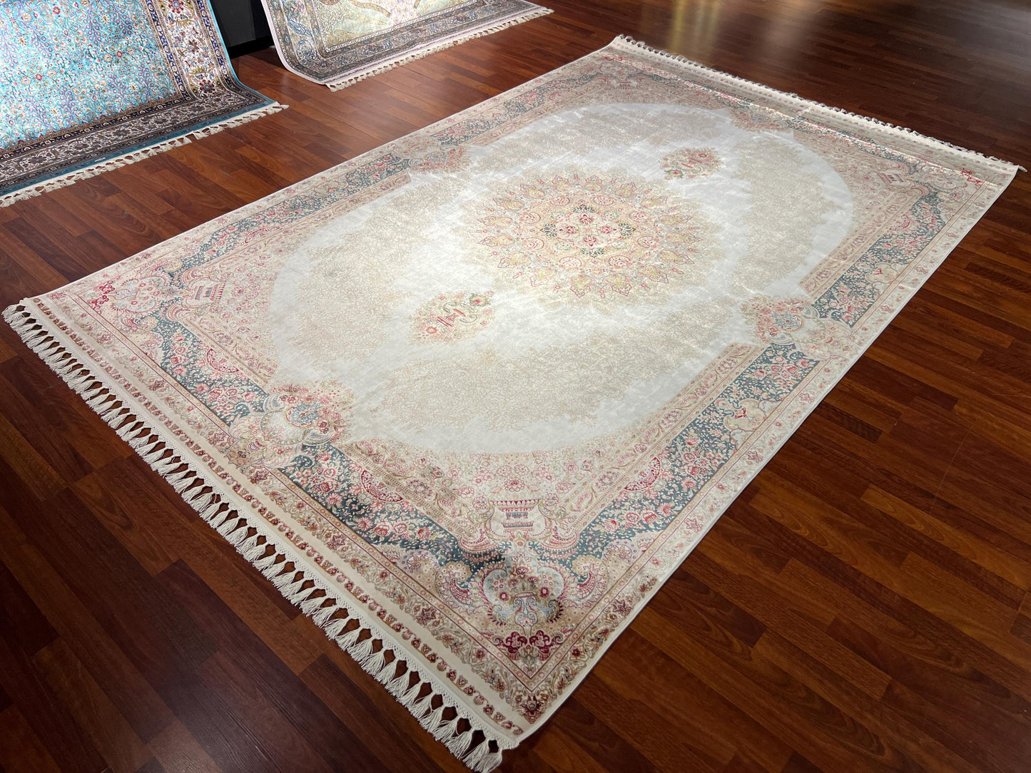7x10 Cream Blue Silk Rug, Elegant Medallion Area Rug, Luxury Silk Carpet, Classic Living Room Rug