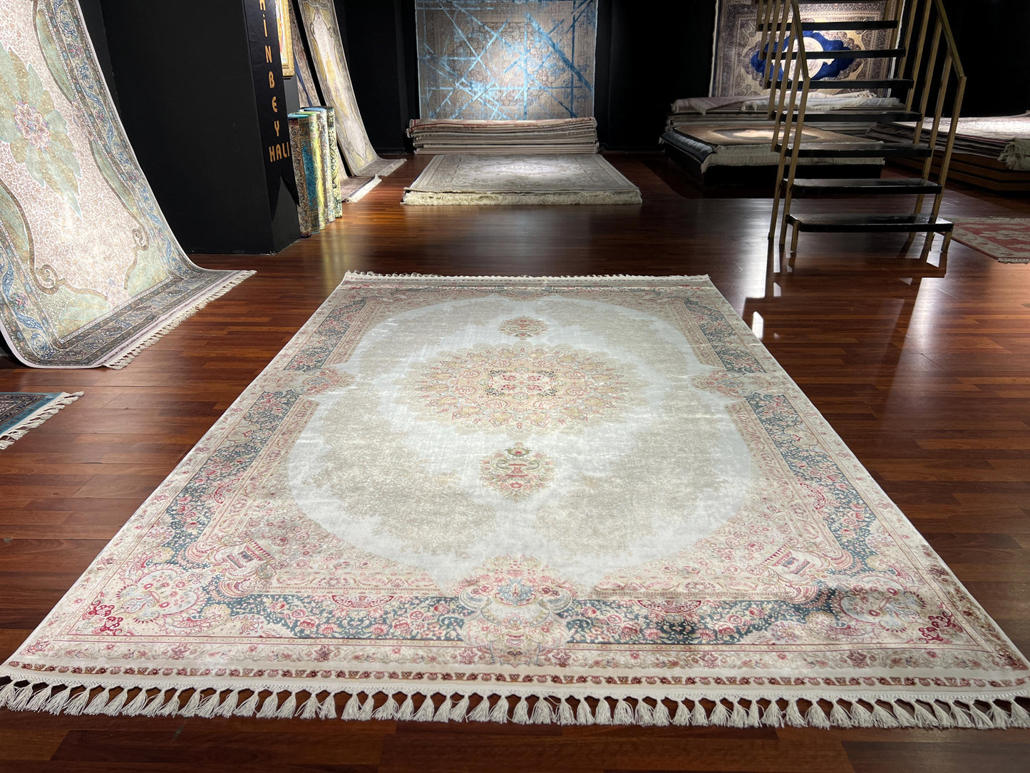 7x10 Cream Blue Silk Rug, Elegant Medallion Area Rug, Luxury Silk Carpet, Classic Living Room Rug