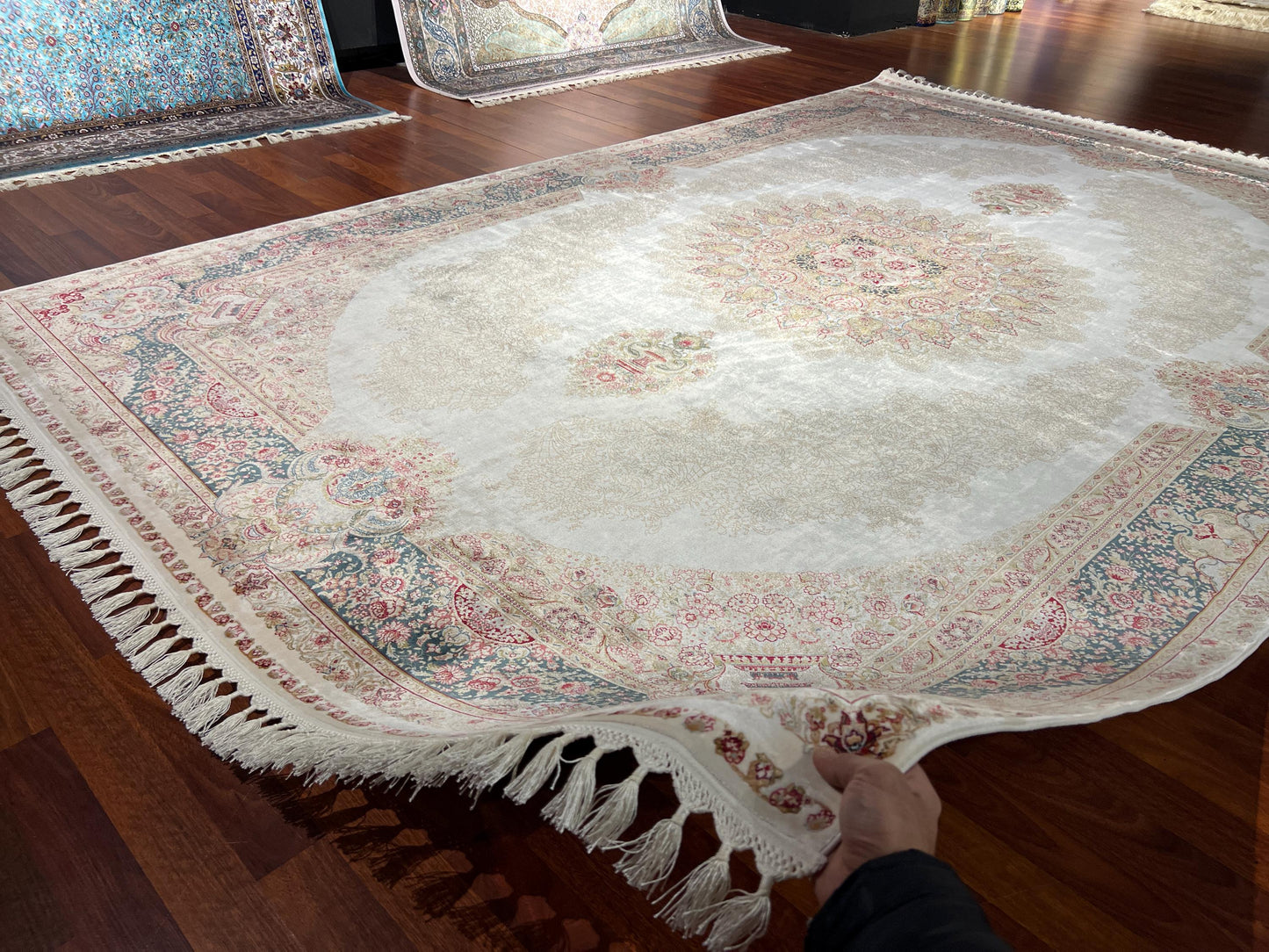 7x10 Cream Blue Silk Rug, Elegant Medallion Area Rug, Luxury Silk Carpet, Classic Living Room Rug