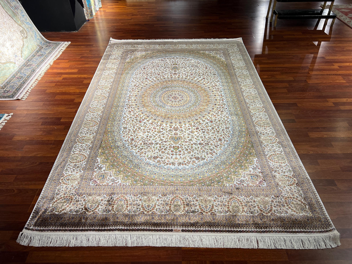 7x10 Beige Medallion Silk Rug, Elegant Floral Area Rug, Luxury Bamboo Silk Carpet, Classic Living Room Rug