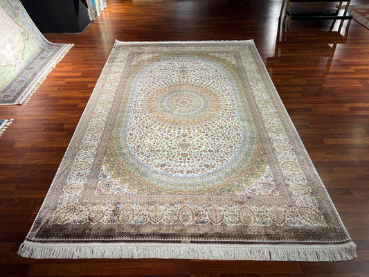 7x10 Beige Medallion Silk Rug, Elegant Floral Area Rug, Luxury Bamboo Silk Carpet, Classic Living Room Rug