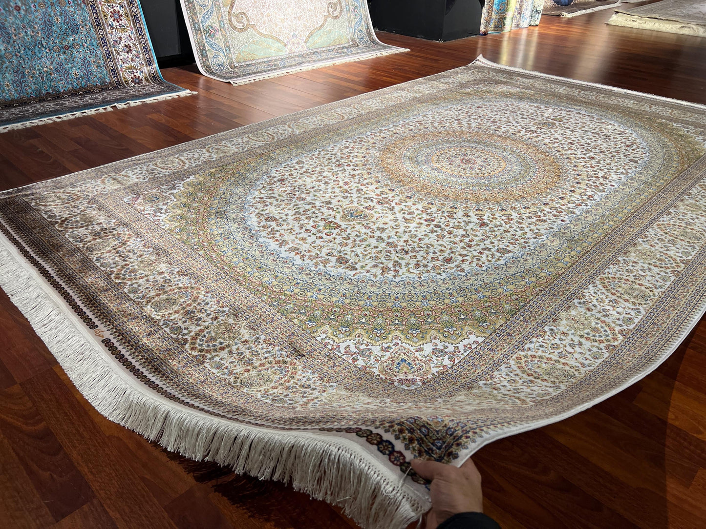 7x10 Beige Medallion Silk Rug, Elegant Floral Area Rug, Luxury Bamboo Silk Carpet, Classic Living Room Rug