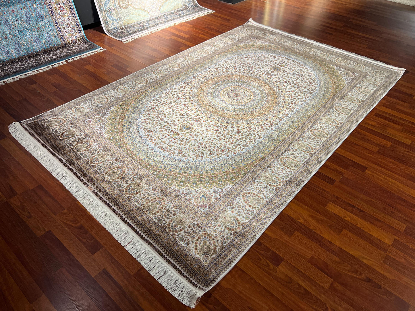 7x10 Beige Medallion Silk Rug, Elegant Floral Area Rug, Luxury Bamboo Silk Carpet, Classic Living Room Rug