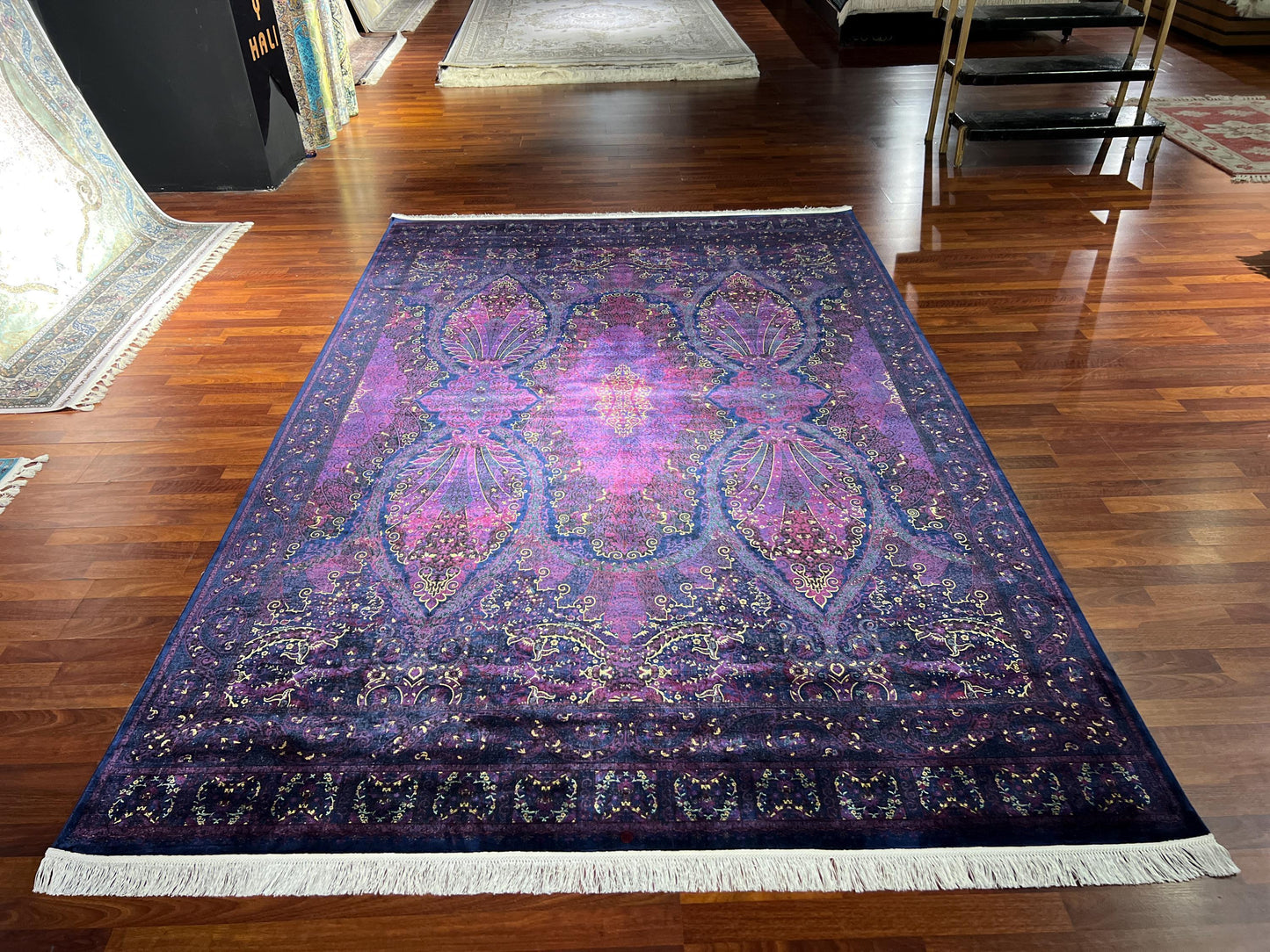 7x10 Purple Silk Rug, Luxury Oversized Area Rug, Elegant Ornamental Carpet, Statement Living Room Rug