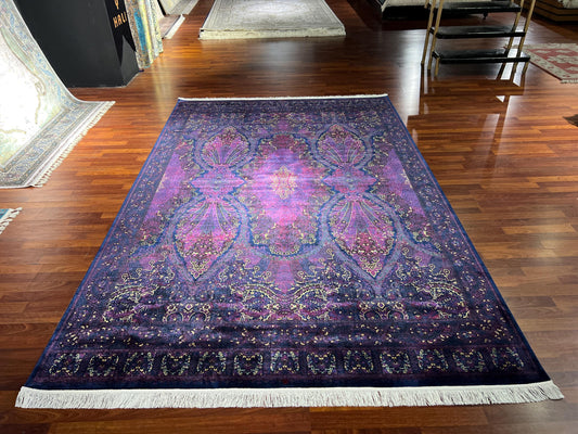 7x10 Purple Silk Rug, Luxury Oversized Area Rug, Elegant Ornamental Carpet, Statement Living Room Rug
