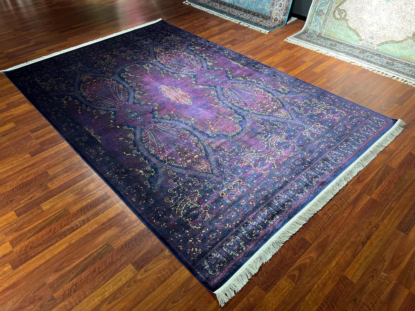 7x10 Purple Silk Rug, Luxury Oversized Area Rug, Elegant Ornamental Carpet, Statement Living Room Rug