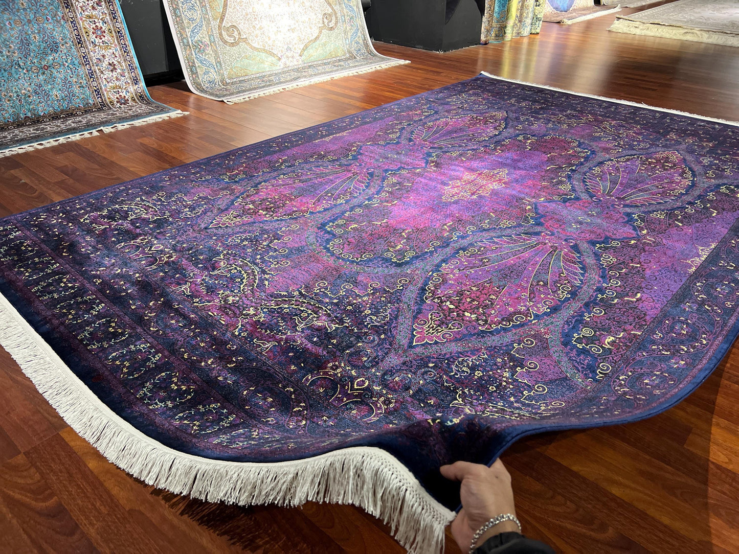 7x10 Purple Silk Rug, Luxury Oversized Area Rug, Elegant Ornamental Carpet, Statement Living Room Rug