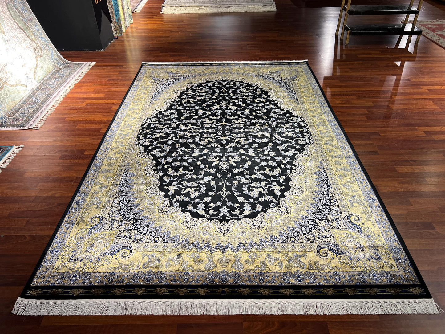 7x10 Black Gold Silk Rug, Luxury Medallion Area Rug, Elegant Oversized Silk Carpet, Classic Living Room Rug