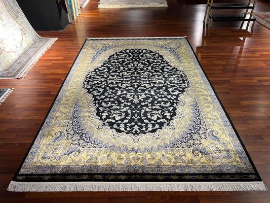 7x10 Black Gold Silk Rug, Luxury Medallion Area Rug, Elegant Oversized Silk Carpet, Classic Living Room Rug