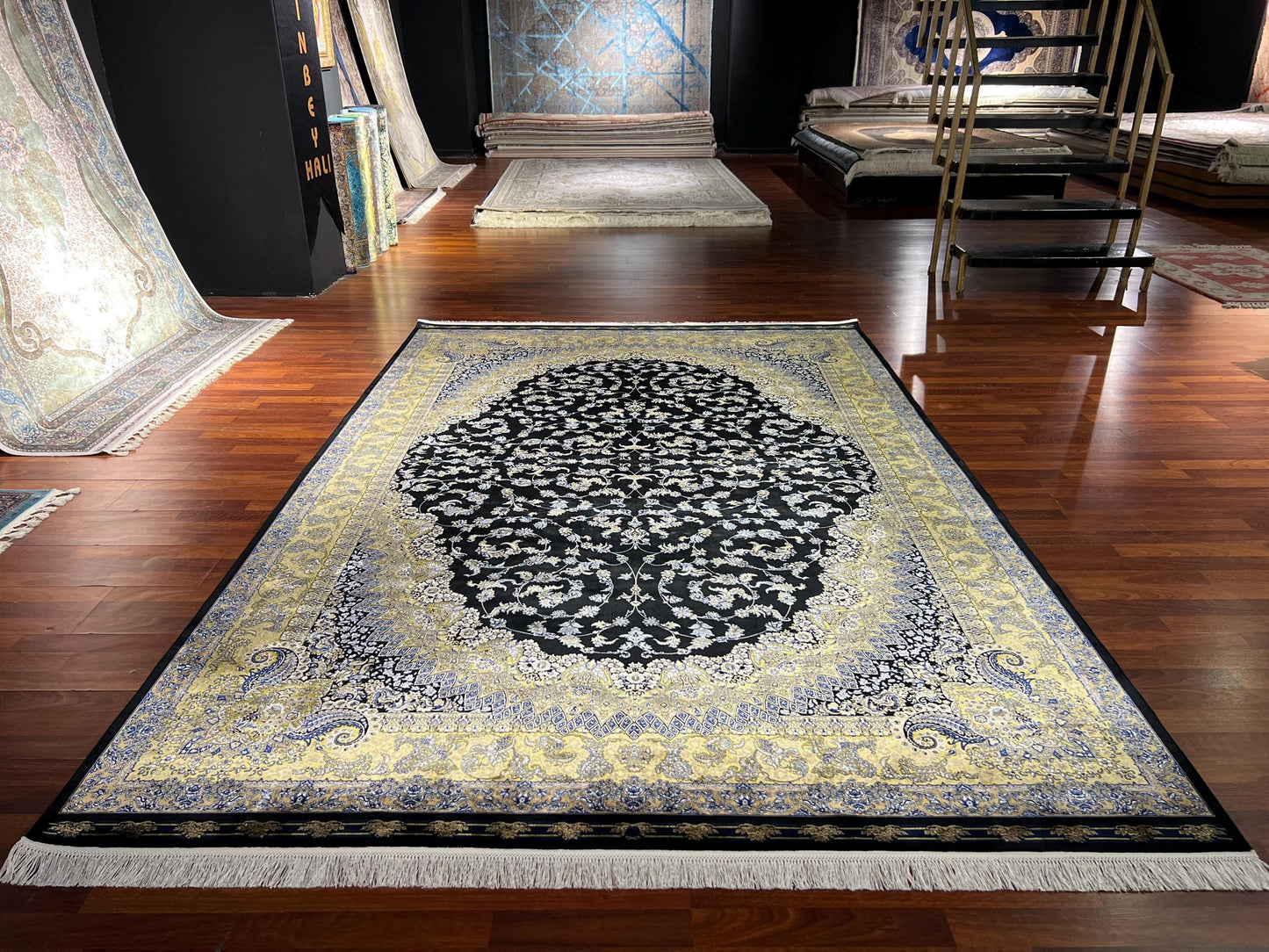 7x10 Black Gold Silk Rug, Luxury Medallion Area Rug, Elegant Oversized Silk Carpet, Classic Living Room Rug