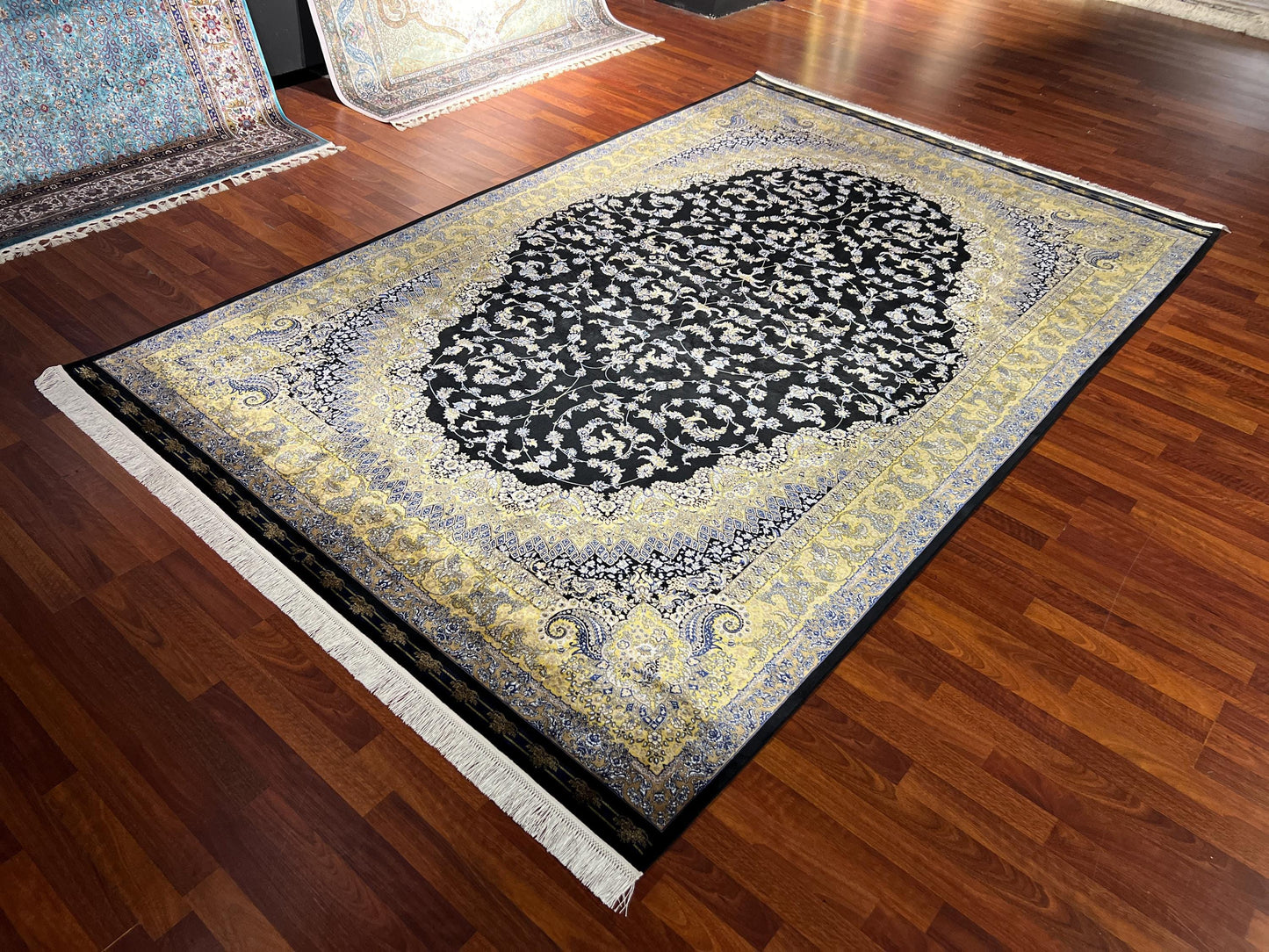 7x10 Black Gold Silk Rug, Luxury Medallion Area Rug, Elegant Oversized Silk Carpet, Classic Living Room Rug