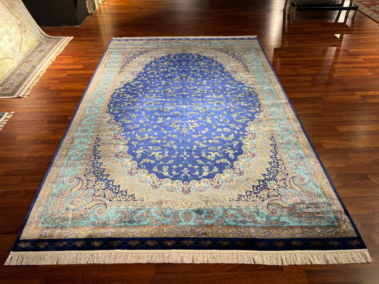 7x10 Blue Silk Rug, Luxury Medallion Area Rug, Oversized Elegant Silk Carpet, Classic Living Room Rug