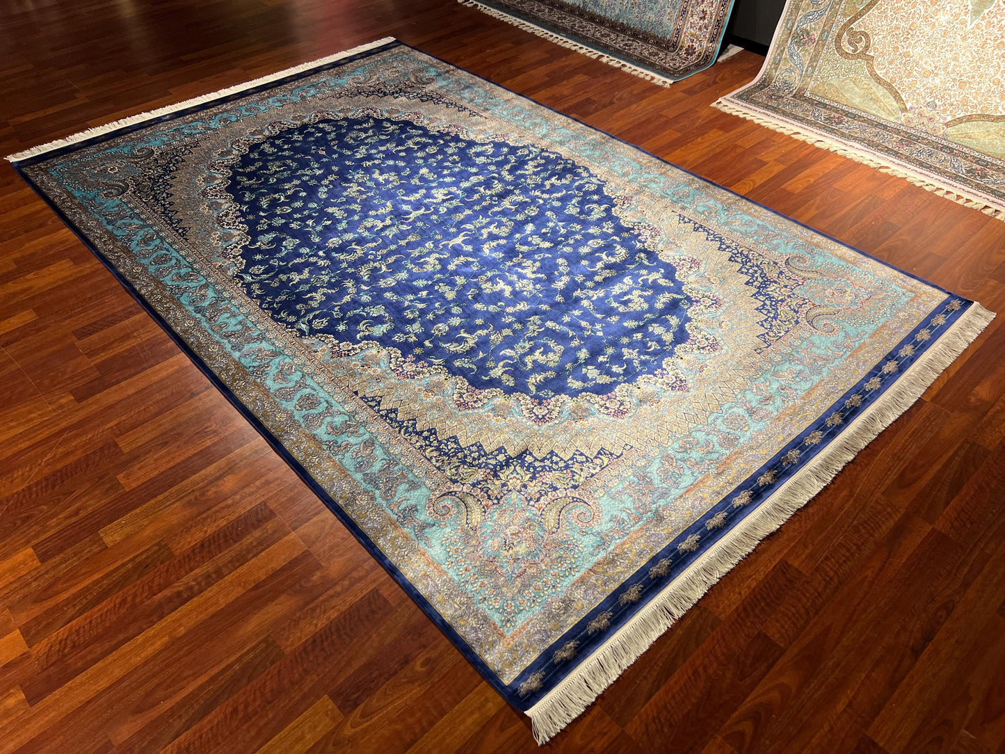 7x10 Blue Silk Rug, Luxury Medallion Area Rug, Oversized Elegant Silk Carpet, Classic Living Room Rug