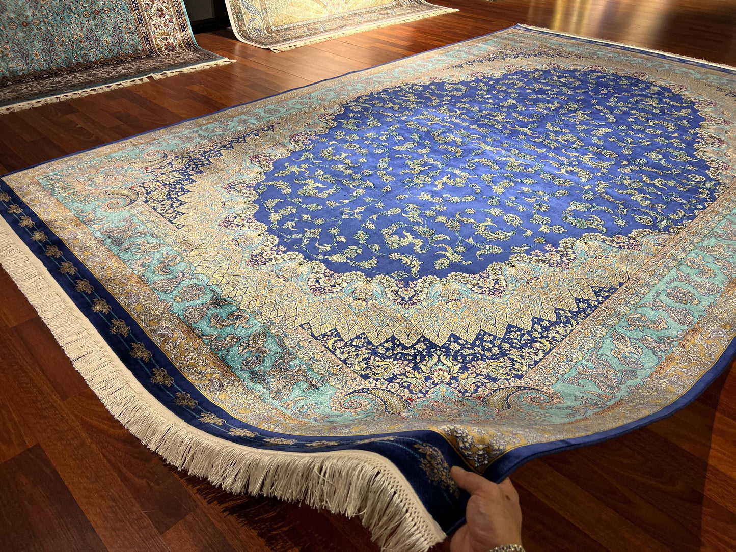 7x10 Blue Silk Rug, Luxury Medallion Area Rug, Oversized Elegant Silk Carpet, Classic Living Room Rug