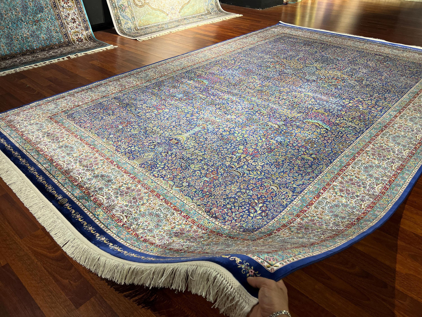 7x10 Soft Blue Silk Rug, Dense Floral Luxury Rug, Oversized Elegant Silk Carpet, Classic Living Room Rug