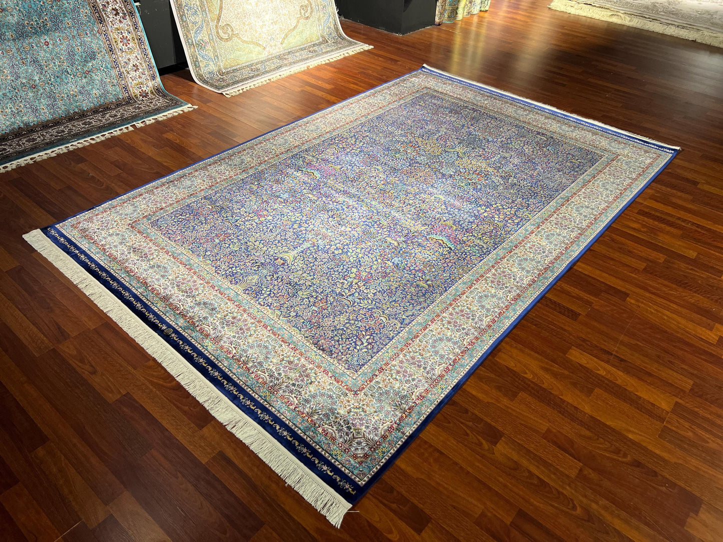 7x10 Soft Blue Silk Rug, Dense Floral Luxury Rug, Oversized Elegant Silk Carpet, Classic Living Room Rug