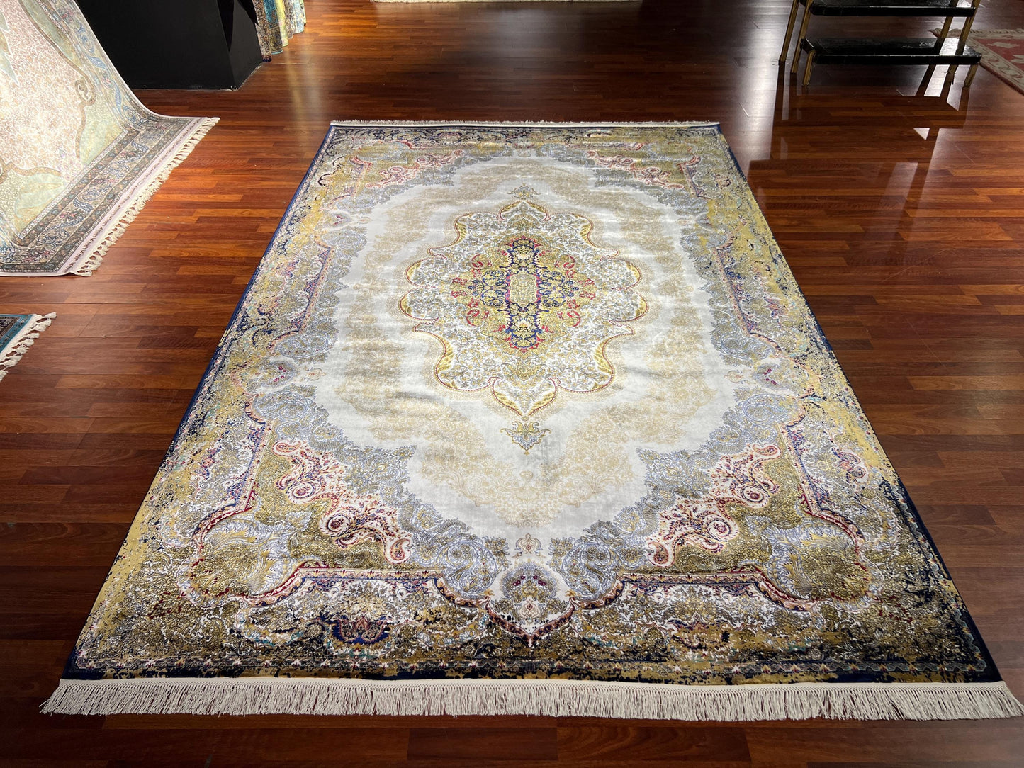 7x10 Gold Beige Silk Rug, Elegant Medallion Area Rug, Luxury Oversized Silk Carpet, Classic Living Room Rug