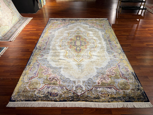 7x10 Gold Beige Silk Rug, Elegant Medallion Area Rug, Luxury Oversized Silk Carpet, Classic Living Room Rug