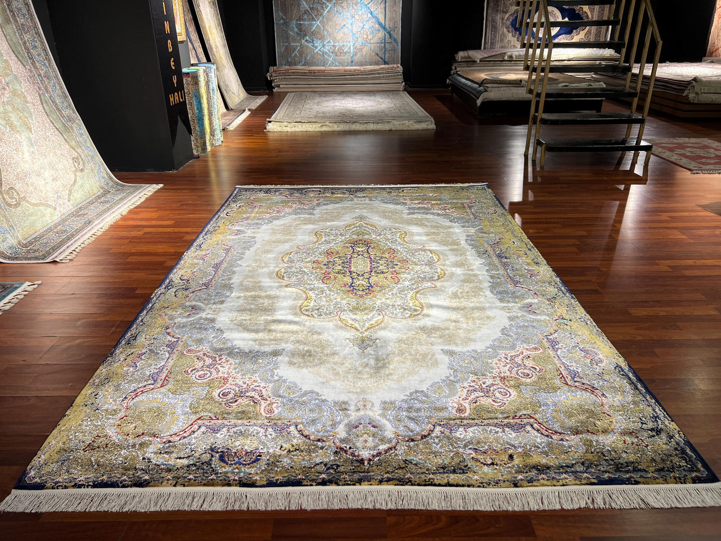 7x10 Gold Beige Silk Rug, Elegant Medallion Area Rug, Luxury Oversized Silk Carpet, Classic Living Room Rug