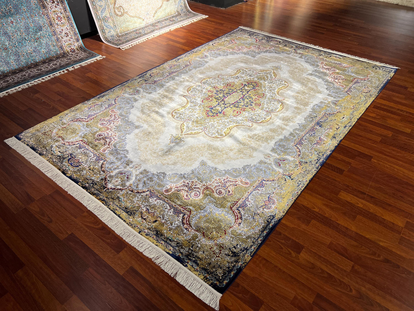 7x10 Gold Beige Silk Rug, Elegant Medallion Area Rug, Luxury Oversized Silk Carpet, Classic Living Room Rug