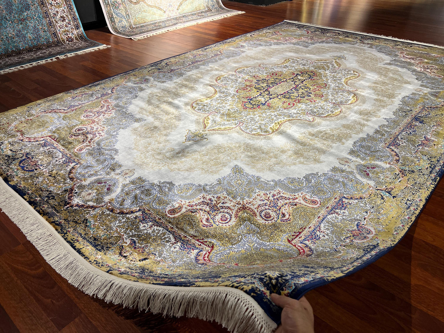 7x10 Gold Beige Silk Rug, Elegant Medallion Area Rug, Luxury Oversized Silk Carpet, Classic Living Room Rug