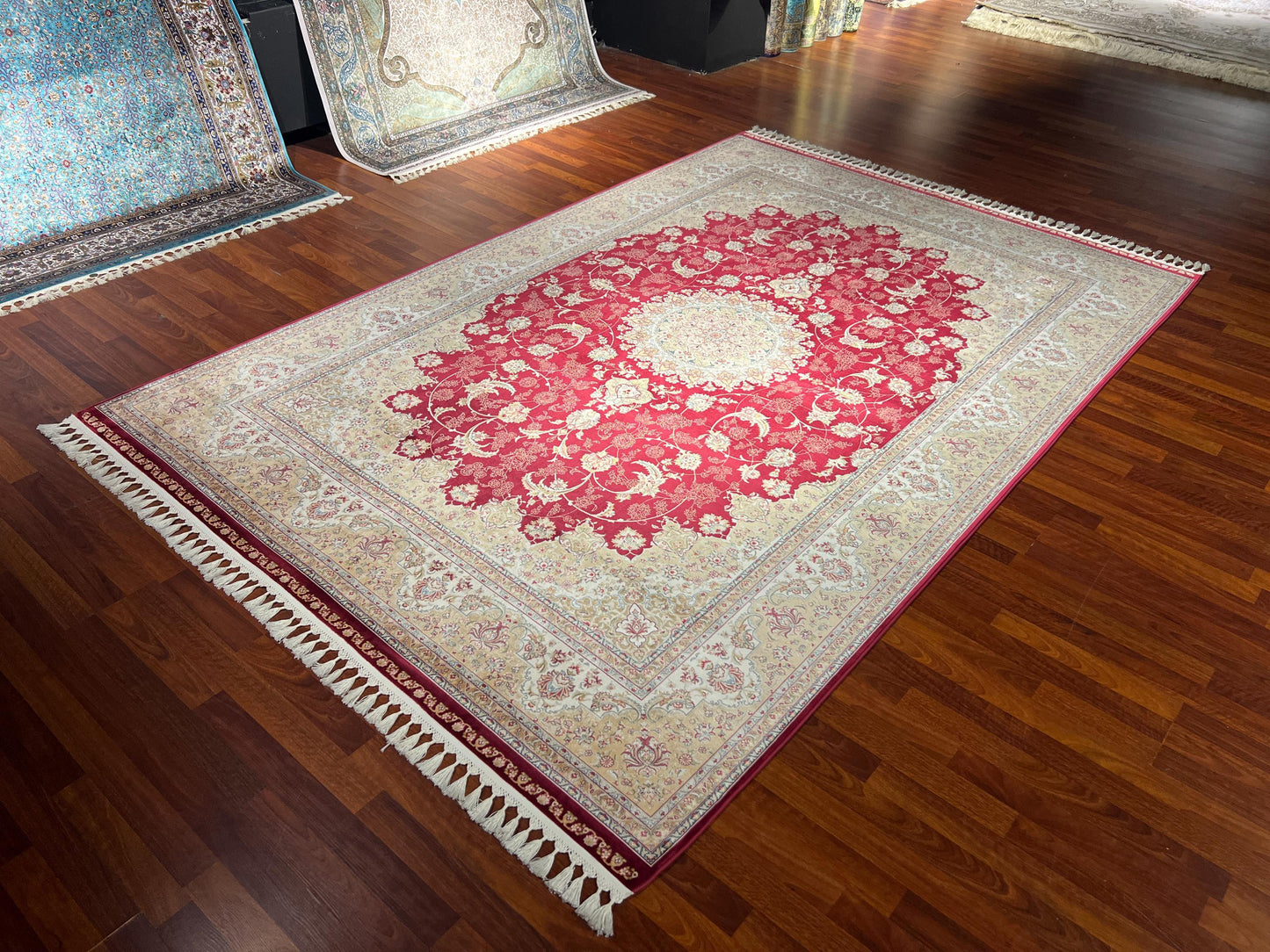 7x10 Red Beige Silk Rug, Elegant Medallion Area Rug, Luxury Oversized Silk Carpet, Classic Living Room Rug