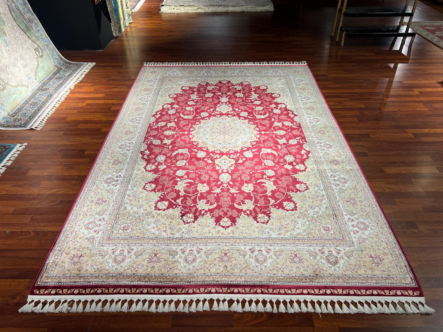 7x10 Red Beige Silk Rug, Elegant Medallion Area Rug, Luxury Oversized Silk Carpet, Classic Living Room Rug