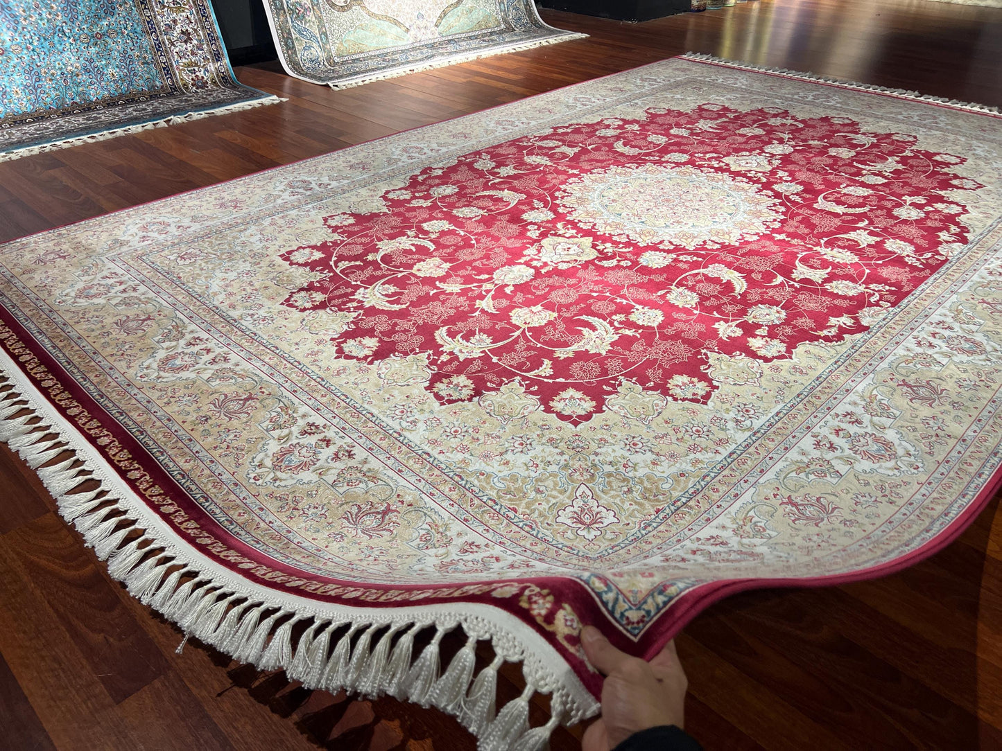 7x10 Red Beige Silk Rug, Elegant Medallion Area Rug, Luxury Oversized Silk Carpet, Classic Living Room Rug