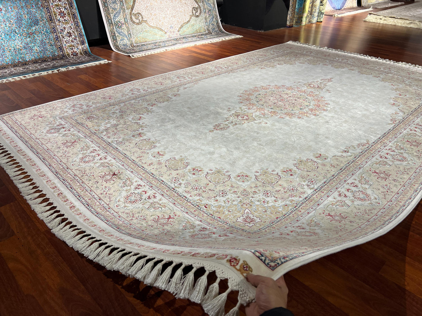 Beige Silk Rug 7x10, Palace Silk Rug, Luxury Living Room Rug, Turkish Silk Carpet, Classic Silk Rug