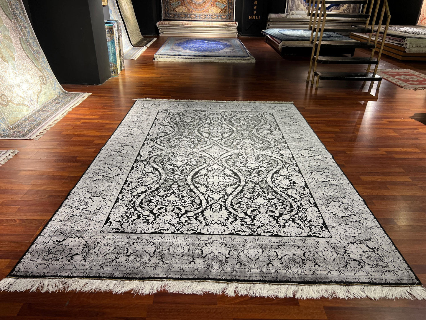 Gray Black Silk Rug 7x10, Luxury Living Room Rug, Palace Silk Carpet, Turkish Silk Rug, Large Rug