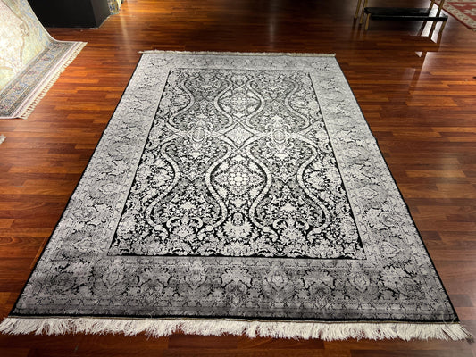Gray Black Silk Rug 7x10, Luxury Living Room Rug, Palace Silk Carpet, Turkish Silk Rug, Large Rug