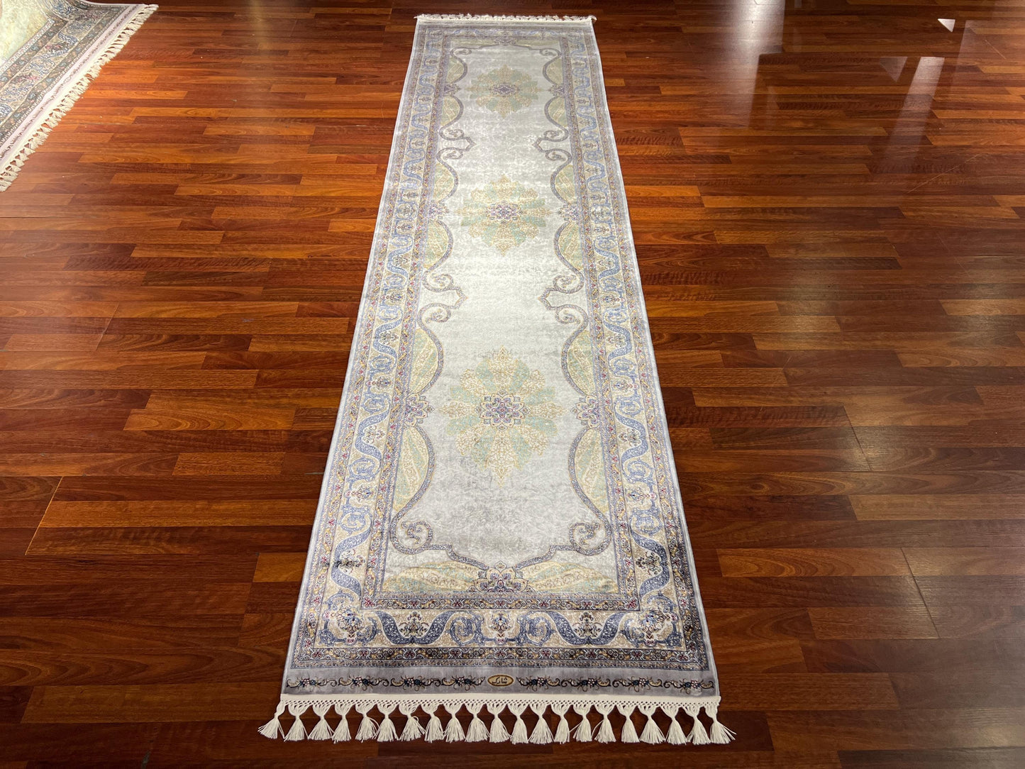 3x10 Green Beige Silk Runner Rug, Turkish Area Rug, Floral Medallion Hallway Carpet