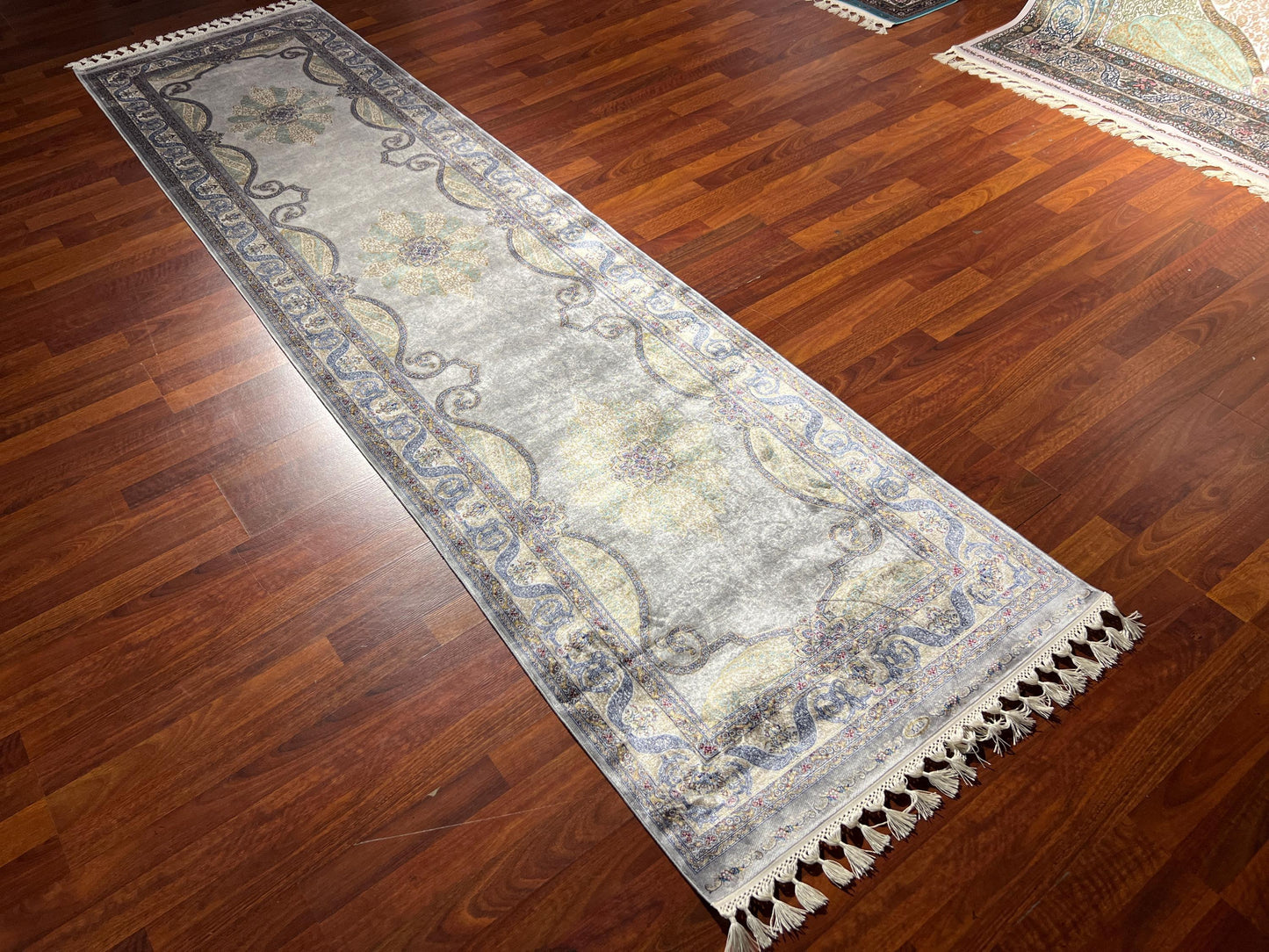 3x10 Green Beige Silk Runner Rug, Turkish Area Rug, Floral Medallion Hallway Carpet