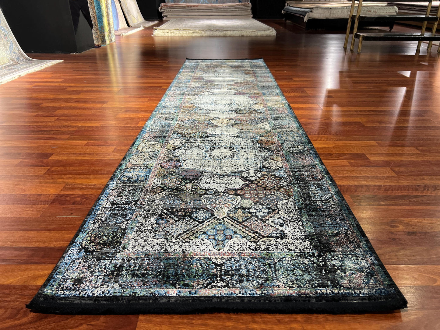 3x10 Gray Blue Silk Runner Rug, Turkish Area Rug, Vintage Pattern Hallway Carpet