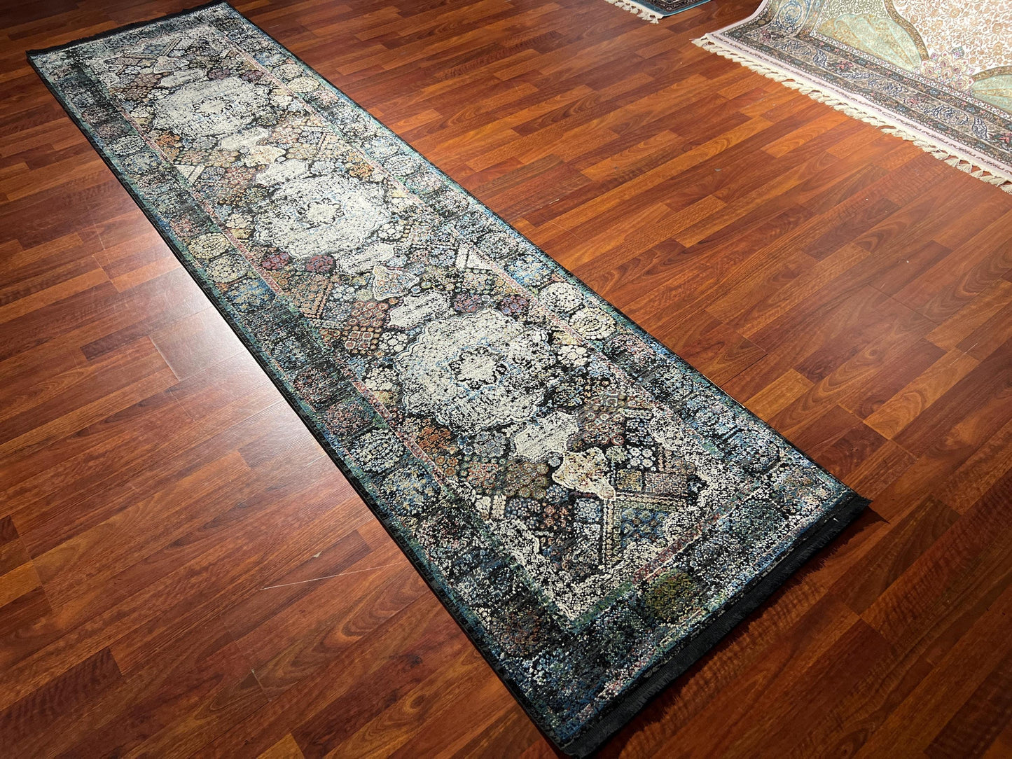 3x10 Gray Blue Silk Runner Rug, Turkish Area Rug, Vintage Pattern Hallway Carpet