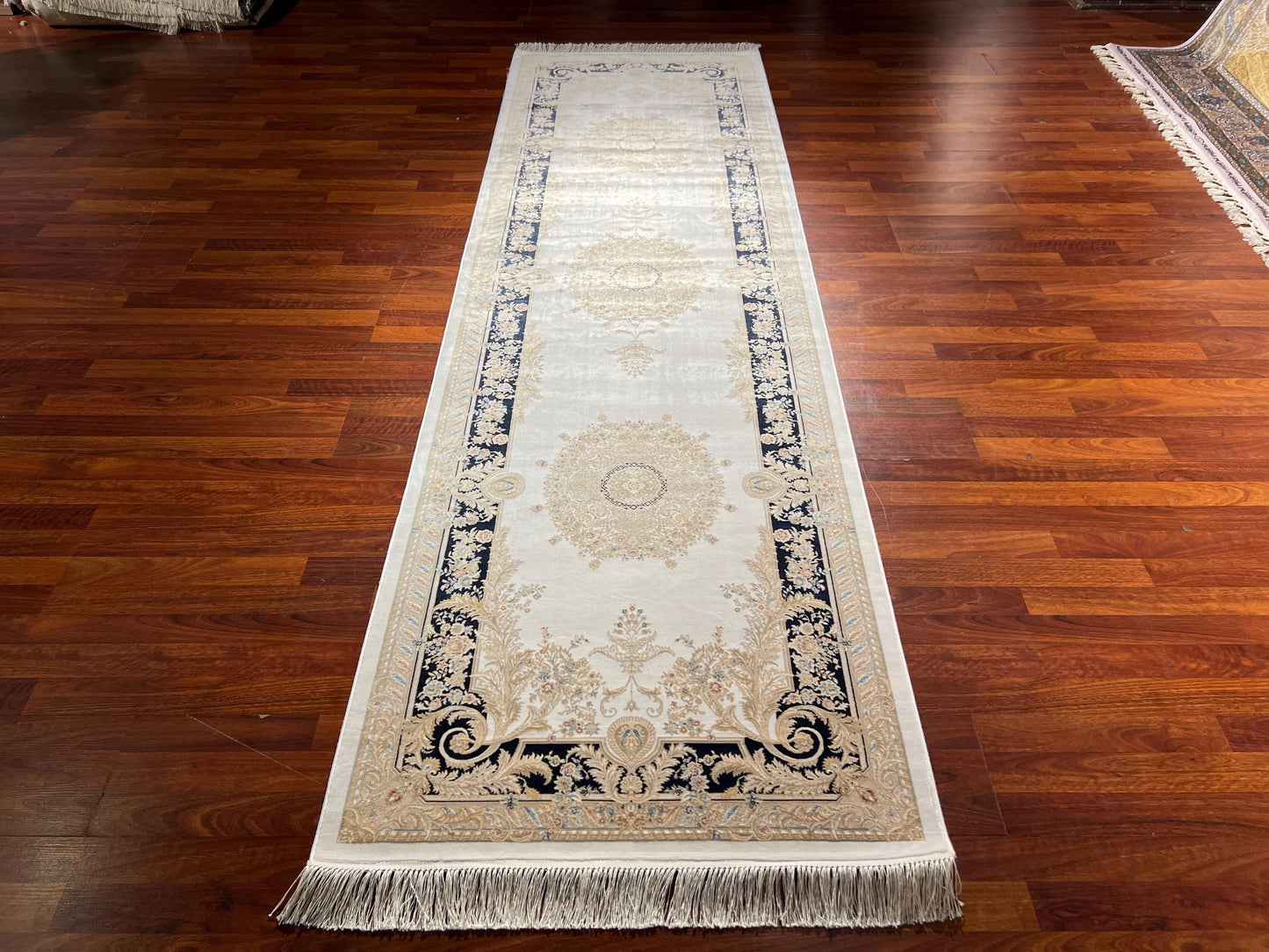 3x10 Cream Gold Bamboo Silk Runner Rug, Luxury Turkish Area Rug, Hallway Carpet