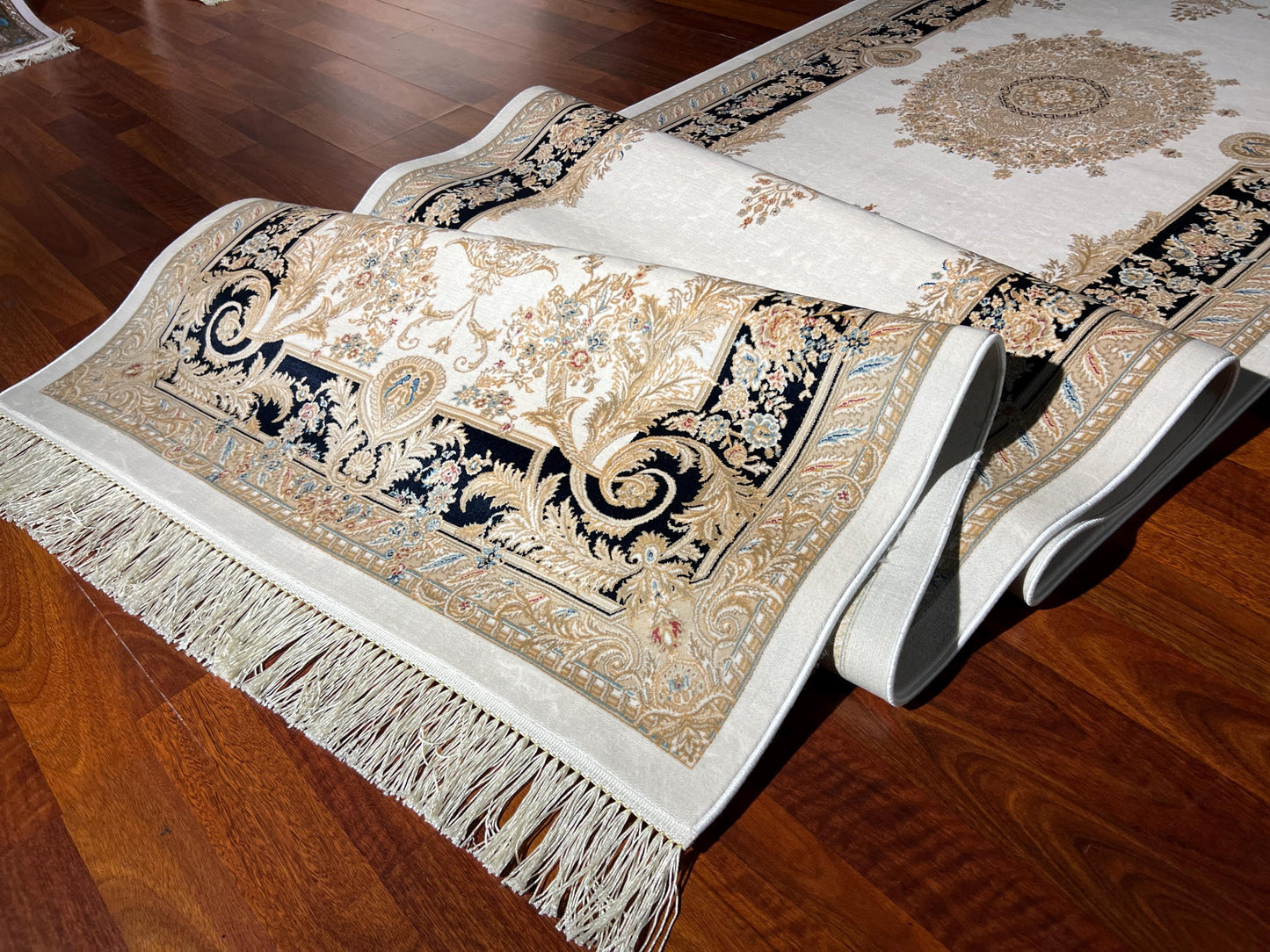 3x10 Cream Gold Bamboo Silk Runner Rug, Luxury Turkish Area Rug, Hallway Carpet