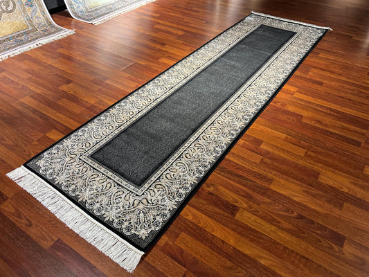 3x10 Beige Black Bamboo Silk Runner Rug, Turkish Area Rug, Classic Border Hallway Carpet