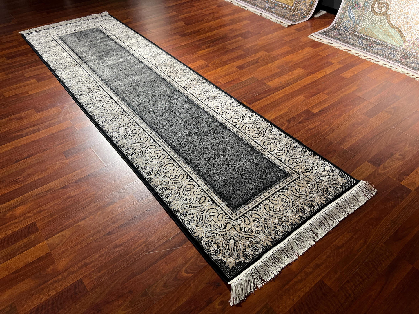 3x10 Beige Black Bamboo Silk Runner Rug, Turkish Area Rug, Classic Border Hallway Carpet