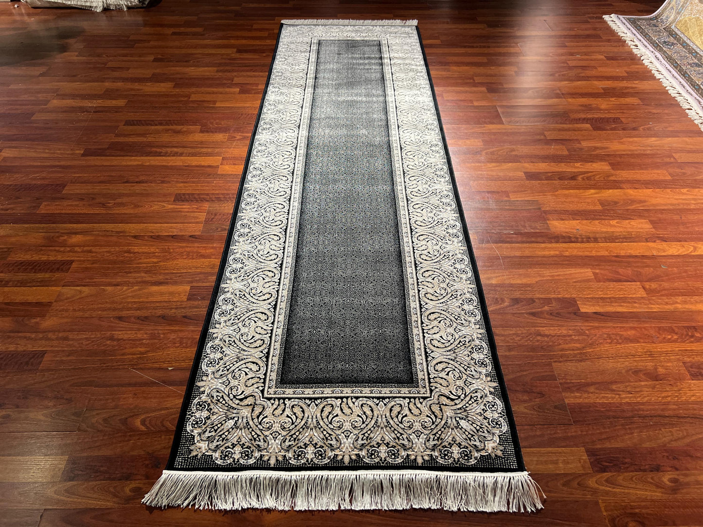 3x10 Beige Black Bamboo Silk Runner Rug, Turkish Area Rug, Classic Border Hallway Carpet