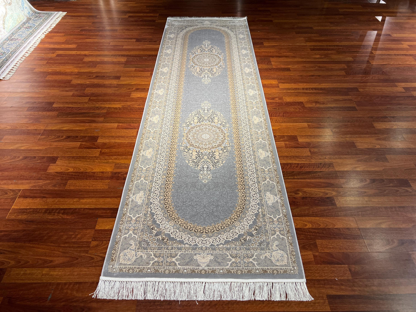 3x10 Gray Gold Bamboo Silk Runner Rug, Turkish Area Rug, Luxury Hallway Carpet