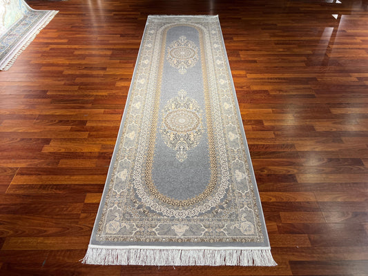 3x10 Gray Gold Bamboo Silk Runner Rug, Turkish Area Rug, Luxury Hallway Carpet