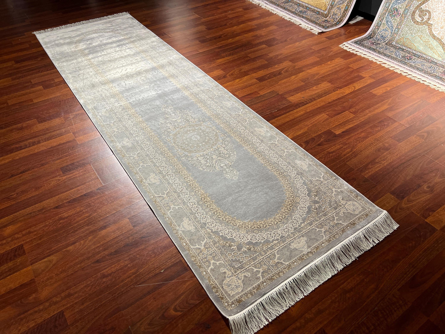 3x10 Gray Gold Bamboo Silk Runner Rug, Turkish Area Rug, Luxury Hallway Carpet