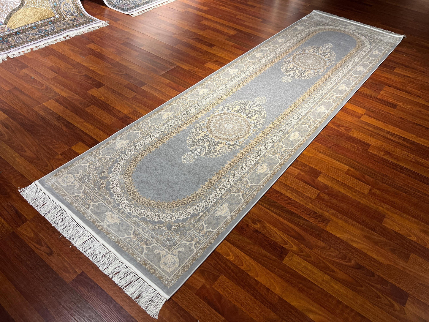3x10 Gray Gold Bamboo Silk Runner Rug, Turkish Area Rug, Luxury Hallway Carpet
