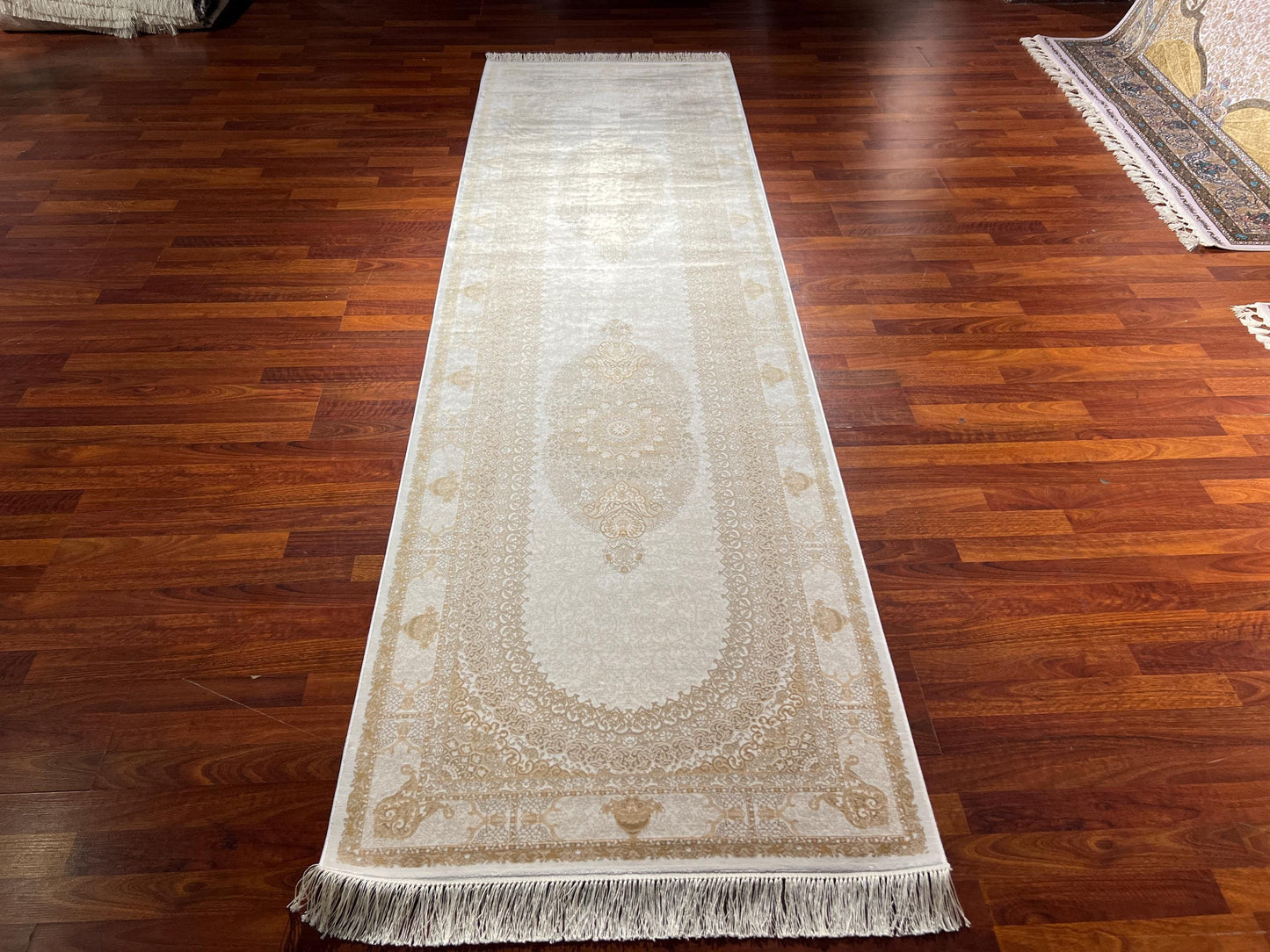 3x10 Beige Gold Bamboo Silk Runner Rug, Luxury Hallway Rug, Turkish Decor