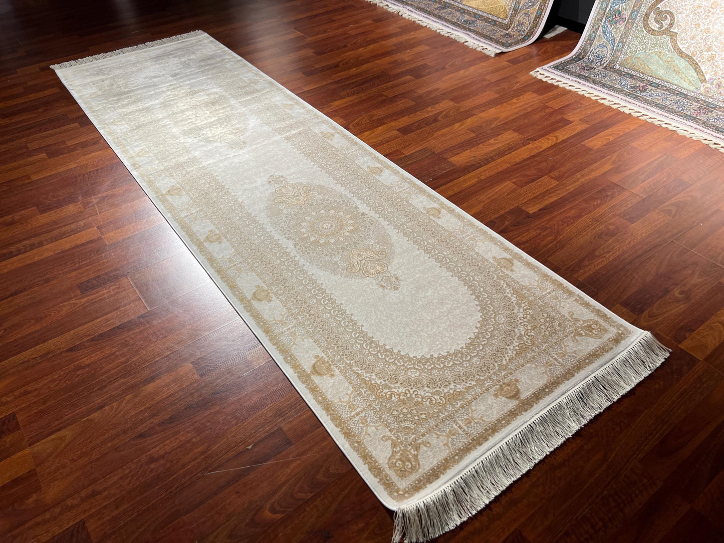 3x10 Beige Gold Bamboo Silk Runner Rug, Luxury Hallway Rug, Turkish Decor